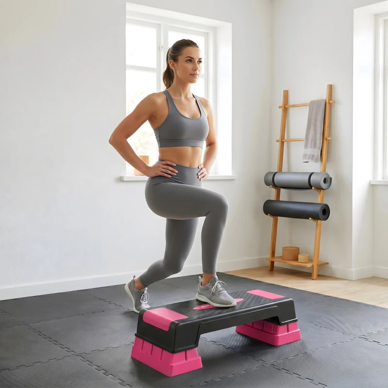 SPORTNOW Steppbrett höhenverstellbar Fitness Aerobic Stepper mit 3 Stufen (12/17,5/22,5 cm), Anti-Rutsch-Matte Schwarz+Rosa