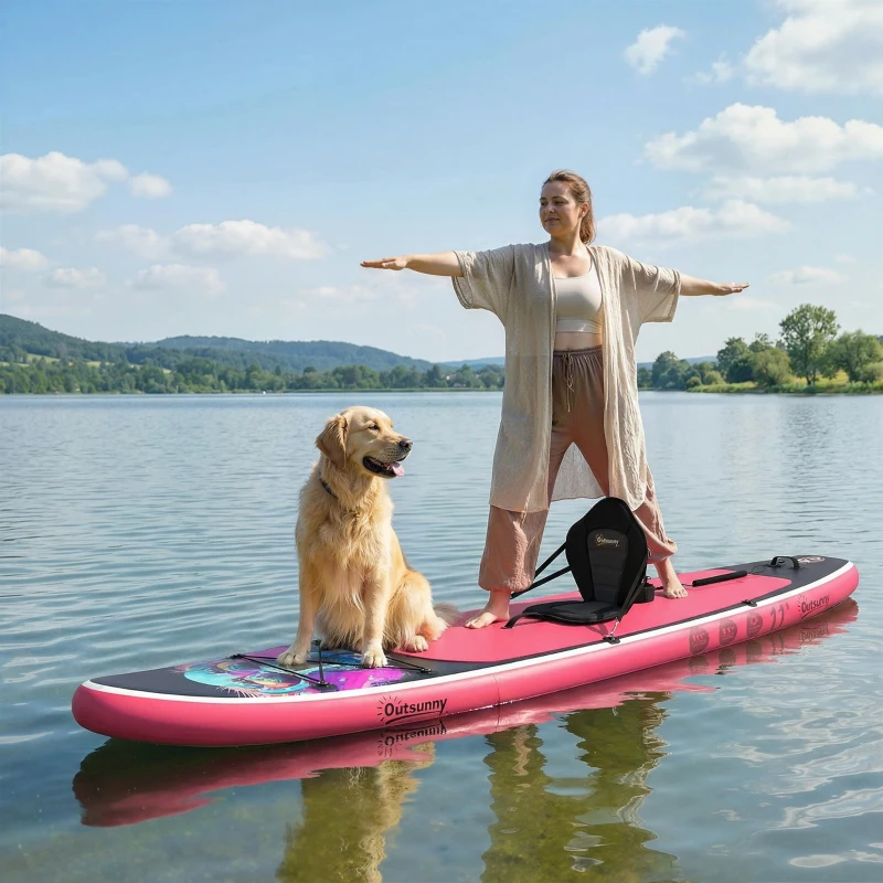 Outsunny Sup Gonfiabile con Sedile, Pagaia e Accessori, in Plastica ed EVA, 335x82x15 cm, Blu e Rosa