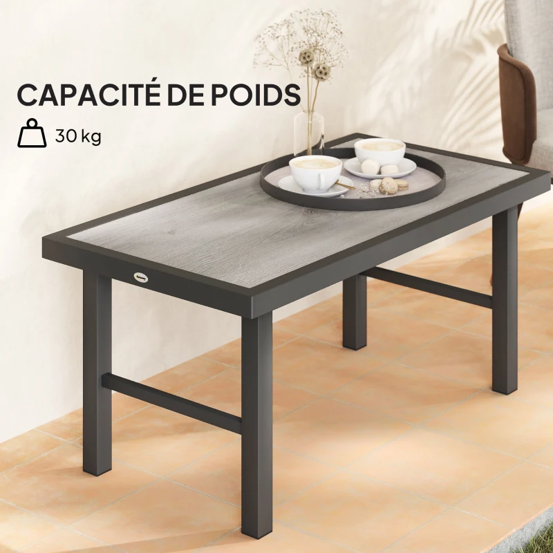 Outsunny Table basse de jardin rectangulaire table de jardin avec plateau SPC à effet bois en métal, 100 x 52 x 46 cm, noir