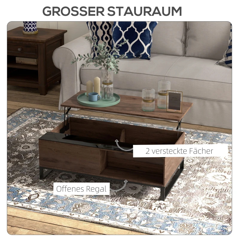HOMCOM bijzettafel met liftfunctie, verborgen opbergvak, walsnushoutlook, stalen frame, 102 x 58 x 35,5 cm(m-5)