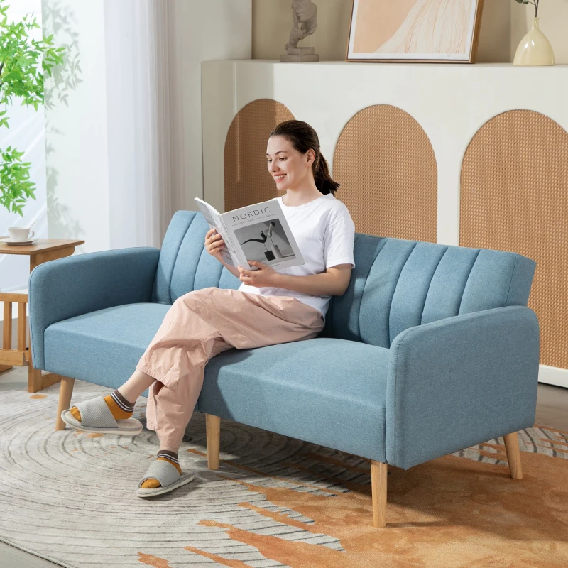HOMCOM Sofá Cama de 2 Lugares com Encosto Ajustável em 3 Posições Apoio para os Braços e Pés de Madeira 173x75x73 cm Azul Claro