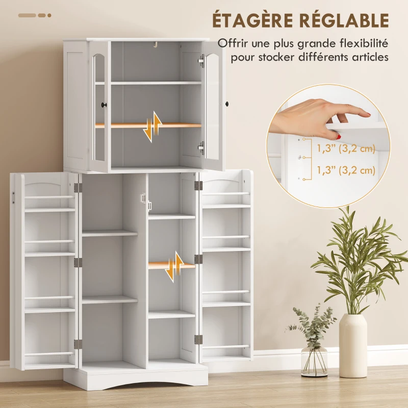 HOMCOM Buffet haut cuisine, vaisselier vitrine en acrylique, 4 portes, 10 compartiments, 8 porte-racks, 60 x 40 x 162 cm, blanc