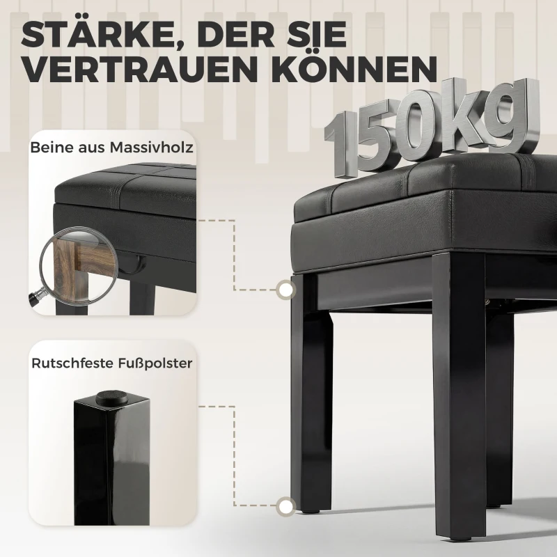 HOMCOM Klavierbank mit versteckten Stauraum, Sitzhocker, höhenverstellbar, Kunstleder, Schwarz