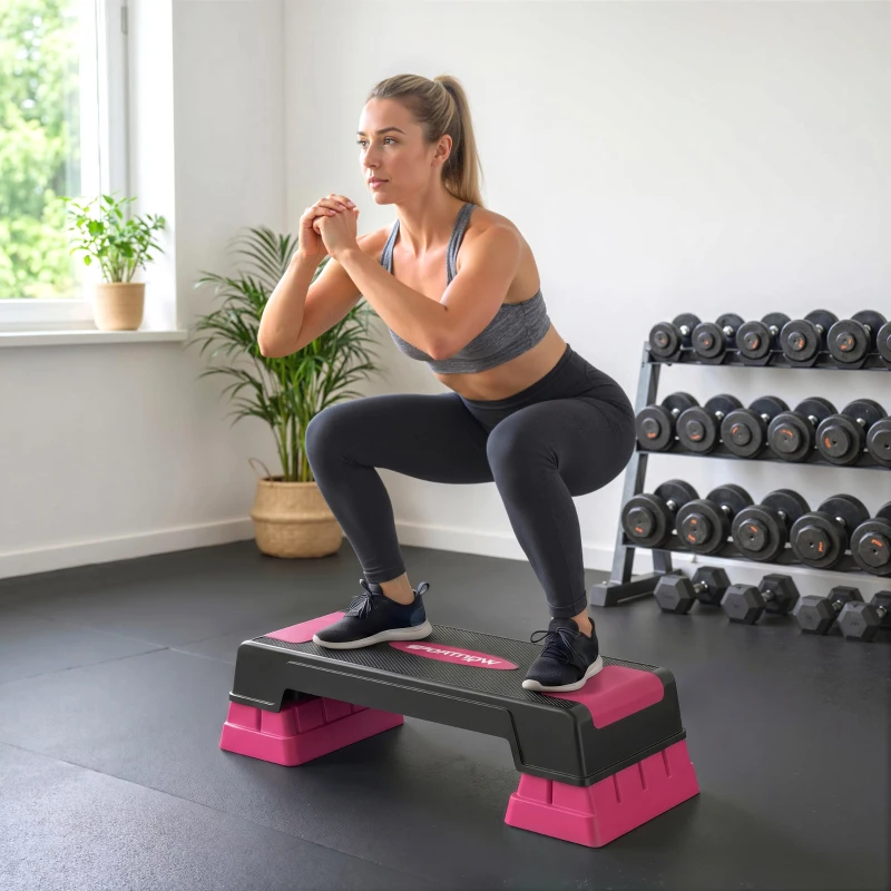 SPORTNOW Steppbrett höhenverstellbar Fitness Aerobic Stepper mit 3 Stufen (12/17,5/22,5 cm), Anti-Rutsch-Matte Schwarz+Rosa