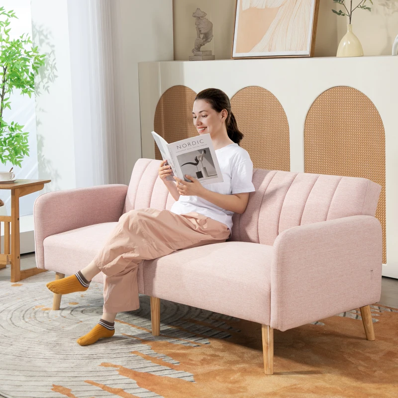 HOMCOM Sofá Cama de 2 Lugares com Encosto Ajustável em 3 Posições Apoio para os Braços e Pés de Madeira 173x75x73 cm Rosa