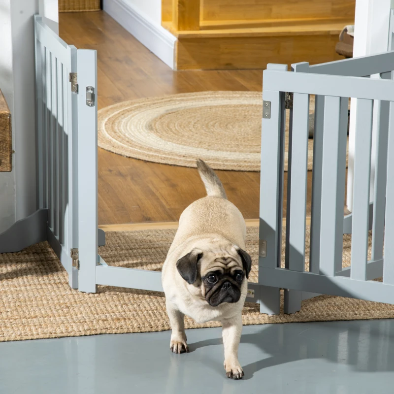 PawHut Barrera de Seguridad para Perro Plegable de Doble Cara en Madera, 4 Paneles con Puerta, Pies de Soporte, 205 x 60 cm, Gris