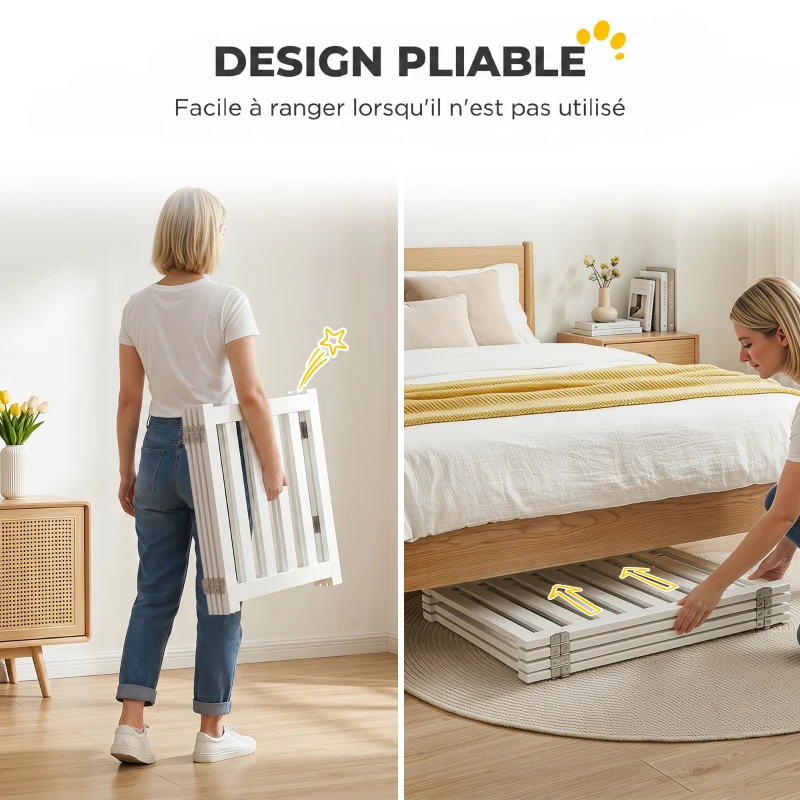 PawHut Barrière de Sécurité Chien Pliable Double Face en Bois, 4 Panneaux avec Porte, Pieds de Support, 205 x 60 cm, Blanc