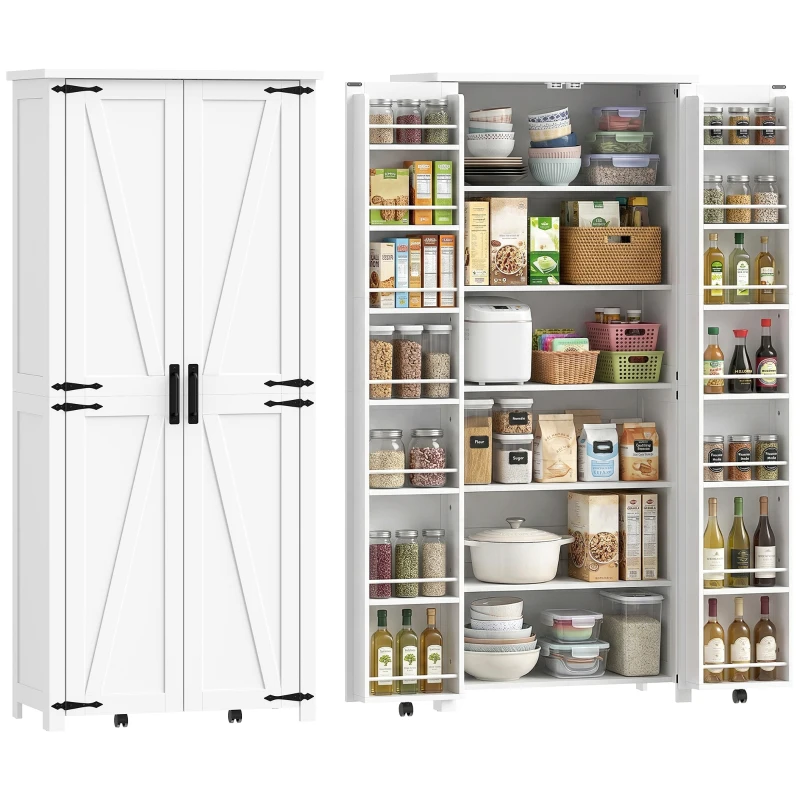 HOMCOM Buffet haut cuisine, armoire cuisine, 2 portes avec roulette, 6 compartiments, 14 porte-racks, étagères réglables, blanc