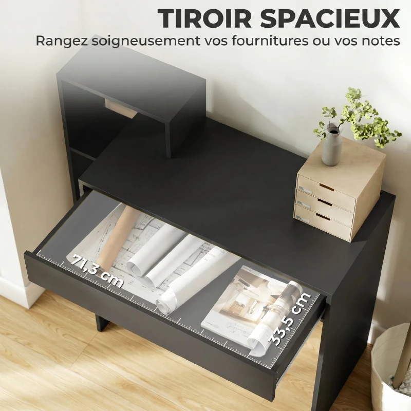 HOMCOM Bureau avec rangement, bureau d'ordinateur avec 3 étagères de rangement et tiroir, 100 x 40 x 90 cm, noir