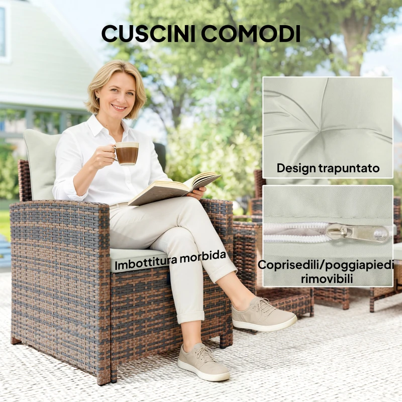 Outsunny Set da Esterno in Rattan e Acciaio 5pz con 2 Pouf, 2 Sedie e Tavolino da Caffè a 2 Livelli, Marrone e Crema