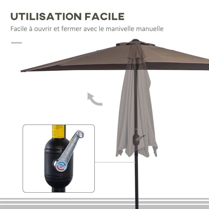 Outsunny Demi-parasol 2,7 x 1,4 m parasol de balcon ouverture fermeture manivelle, 5 entretoises métal, polyester 180 g/m², café