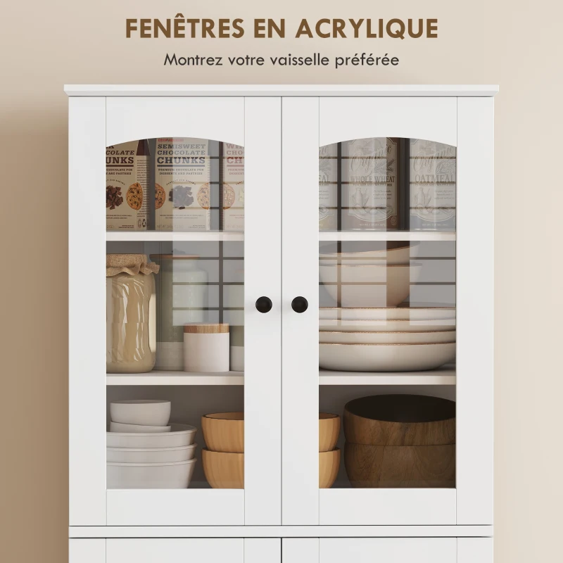 HOMCOM Buffet haut cuisine, vaisselier vitrine en acrylique, 4 portes, 10 compartiments, 8 porte-racks, 60 x 40 x 162 cm, blanc