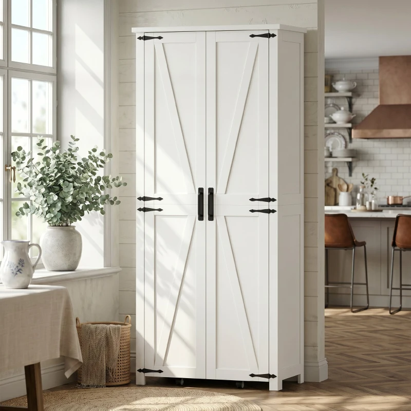 HOMCOM Buffet haut cuisine, armoire cuisine, 2 portes avec roulette, 6 compartiments, 14 porte-racks, étagères réglables, blanc
