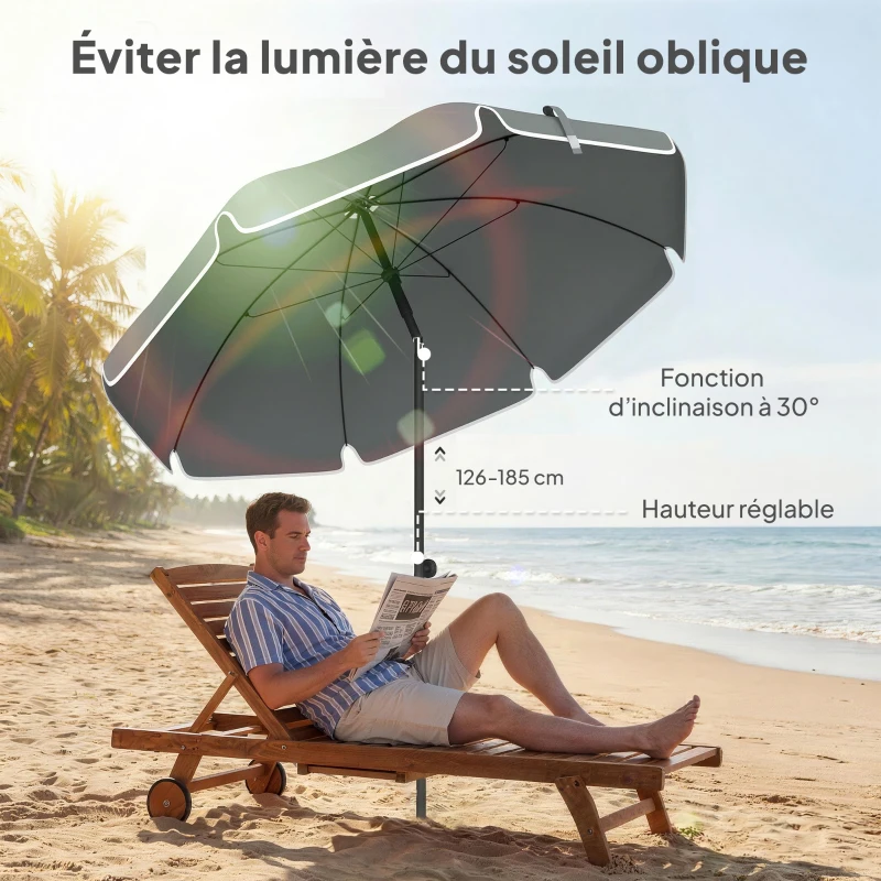 Outsunny Parasol de plage 1, m, parasol de jardin inclinaison avec ancrage au sable, hauteur réglable, sac de transport, gris foncé