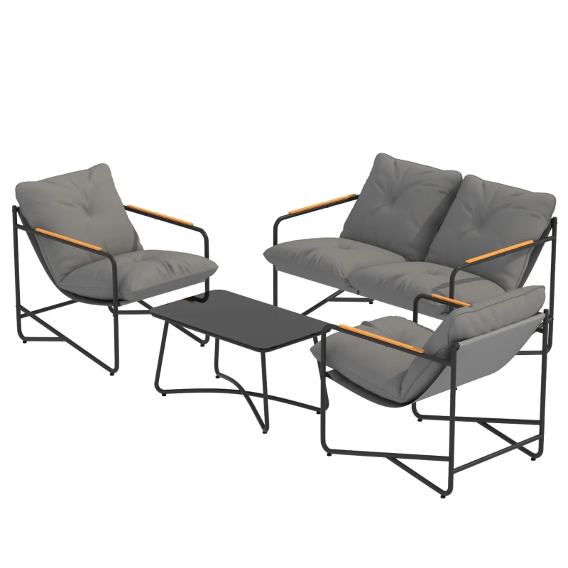 Outsunny Salon de Jardin 4 Pièces Ensemble avec Canapé 2 Places, 2 Fauteuils et Table Basse Verre Trempé Coussins 13cm Gris Clair