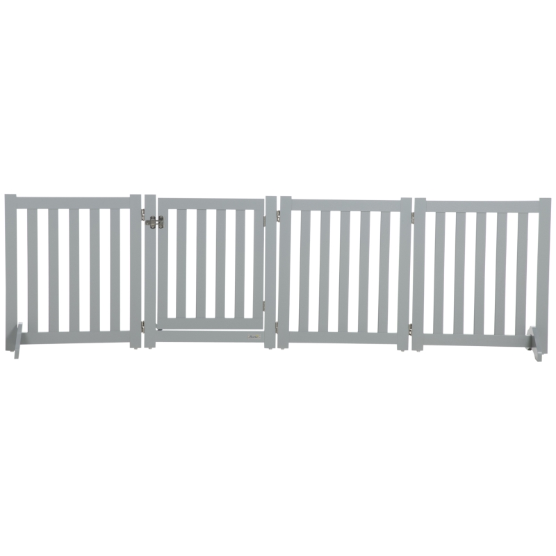 PawHut Barrera de Seguridad para Perro Plegable de Doble Cara en Madera, 4 Paneles con Puerta, Pies de Soporte, 205 x 60 cm, Gris