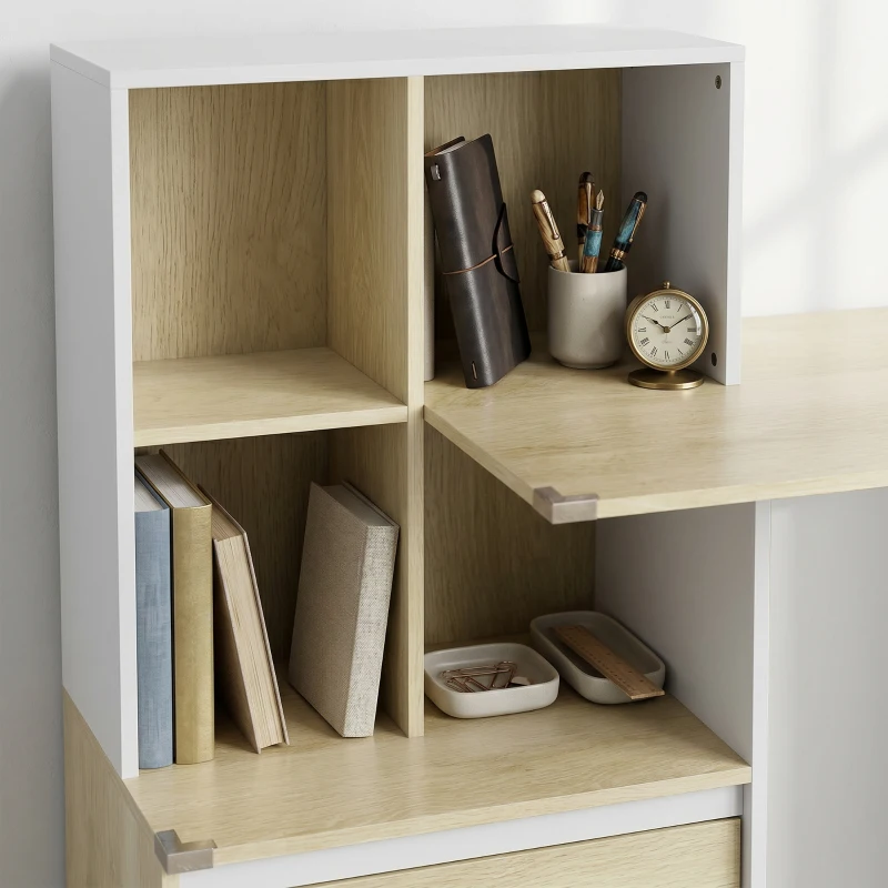 HOMCOM Bureau d'ordinateur avec bibliothèque 4 compartiments et tiroir verrouillable, 126 x 50 x 109 cm, chêne et blanc