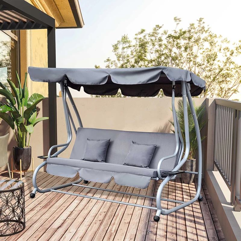 Outsunny Hollywoodschommel 3-zitter tuinschommel met dak ligfunctie staal 2 kleuren