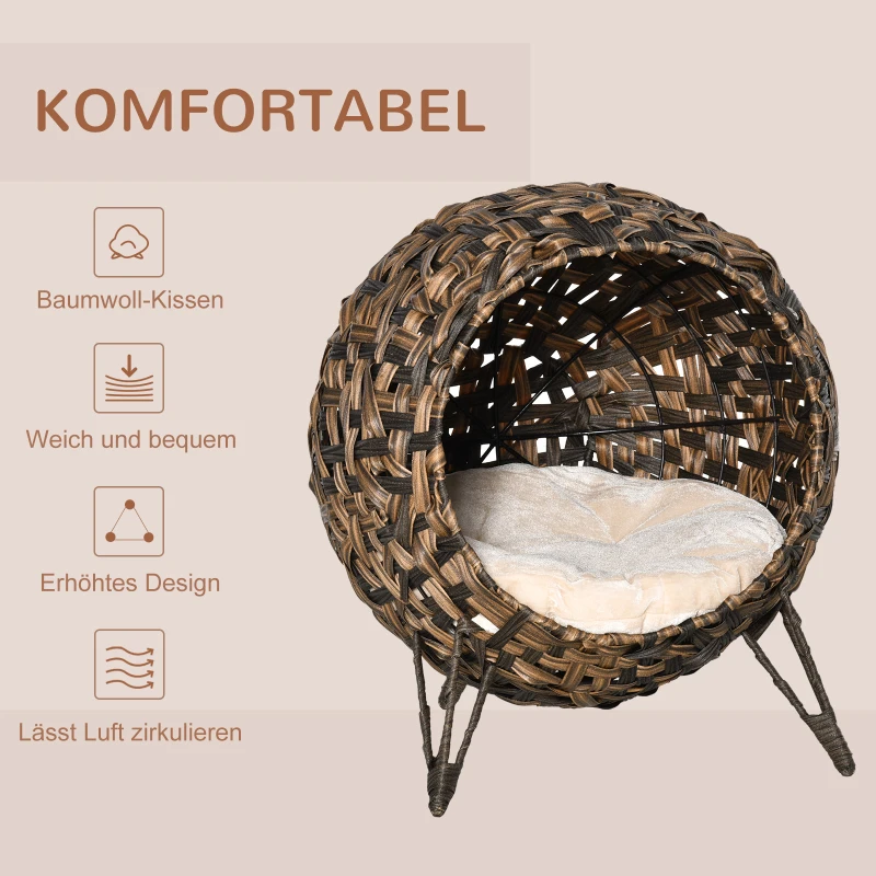 PawHut kattenhuis met kussen kattenslaapplaats kattengrot verhoogde poten PE-rotan