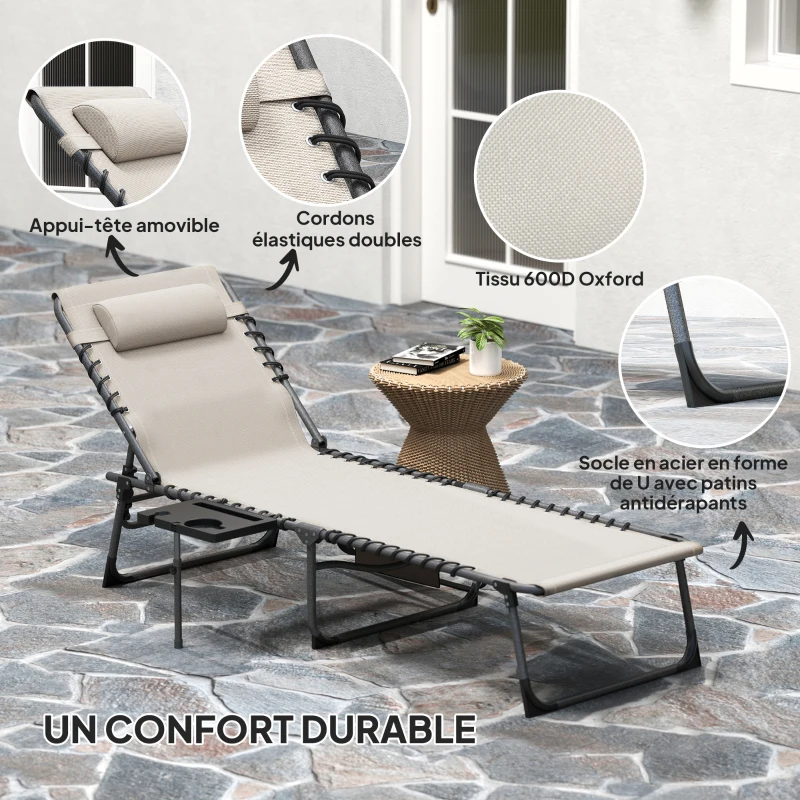 Outsunny Bain de soleil pliante dossier réglable sur 5 niveaux, plateau, appuie-tête, poche latérale 60x190x31cm, crème