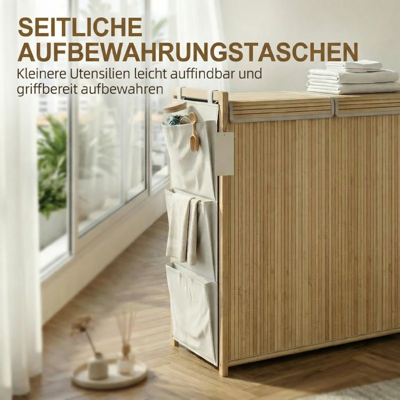HOMCOM Bambus-Wäschekorb mit abnehmbarem Kordelzug-Sack und seitlichen Aufbewahrungstaschen, 120L, Natur