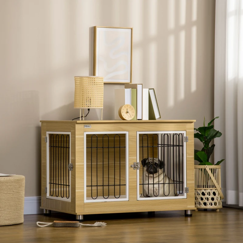 PawHut Hundekäfig, waschbares Kissen, Hundebox, 2 Verriegelungen, 90 cm x 58 cm x 65 cm, Natur + Schwarz + Weiß