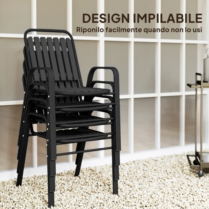 Outsunny Set 4 Sedie da Giardino Impilabili con Schienale Alto e Braccioli, in PP e Acciaio, 56x66x91 cm, Nero