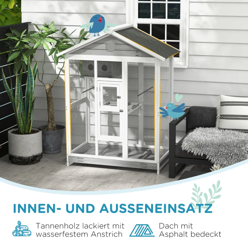 PawHut Houten vogelkooi met 4 zitstokken, asfaltdak, waterdicht, 112 x 68 x 154 cm(m-7)