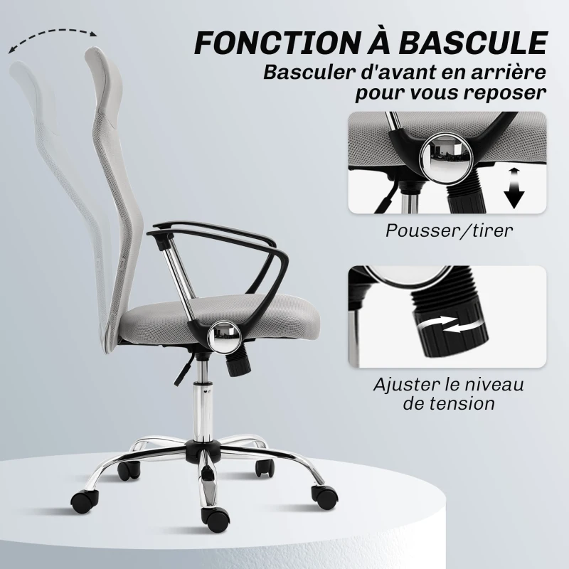 HOMCOM Fauteuil de bureau manager dossier ergonomique hauteur assise réglable pivotant tissu maille 63x65x119109-119cm gris