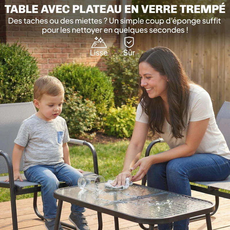 Outsunny Salon de Jardin Ensemble de Terrasse en Acier et Textilène 4 Pièces avec Accoudoirs Corde Tressée Gris