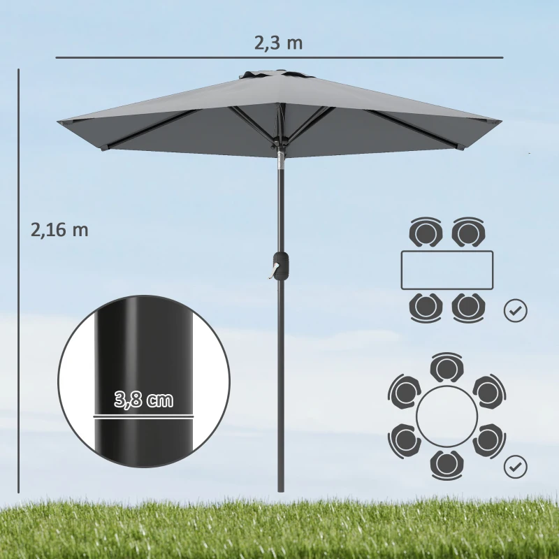 Outsunny Chapéu de Sol de Jardim Ø230x216 cm com Teto Ajustável Abertura Manual Impermeável para Pátio Piscina Praia Cinzento