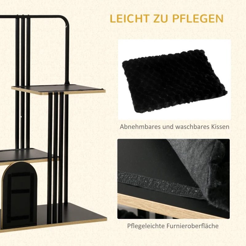 PawHut krabpaal, industrieel ontwerp, 2 platformen, 2 kussens, kraswand, stalen frame, zwart, 85 x 48 x 128 cm
