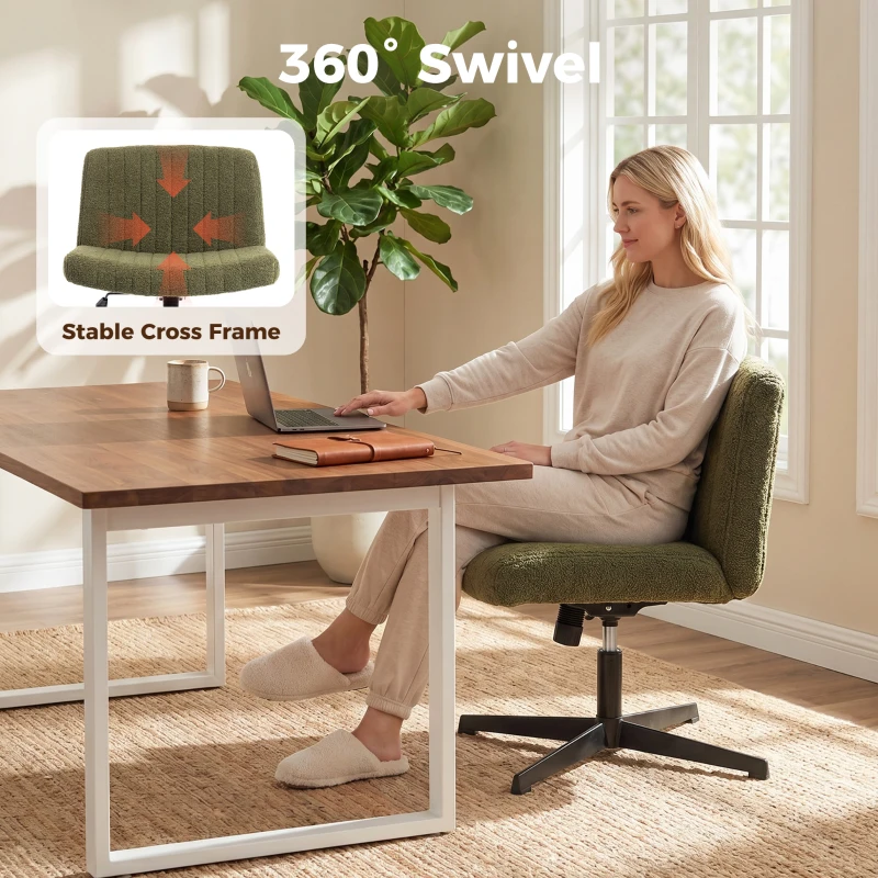 HOMCOM Teddy Fleece Criss Cross Legged Desk Chair, Armless Office Chair No Wheels, Green