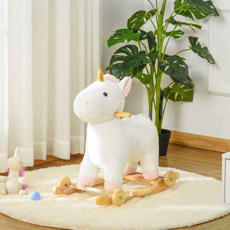 HOMCOM Schaukeltier Einhorn mit Sound Effekt, Räder, Haltegriffen Plüsch Baby Schaukelspielzeug Schaukel Schaukelsitz für Kleinkinder 3-6 Monate