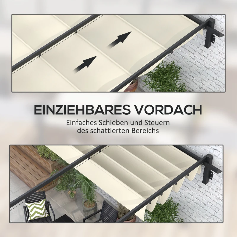 Outsunny Tuinpaviljoen 3 x 3m, uitschuifbaar dak, wandmontage, metalen frame, crèmewit