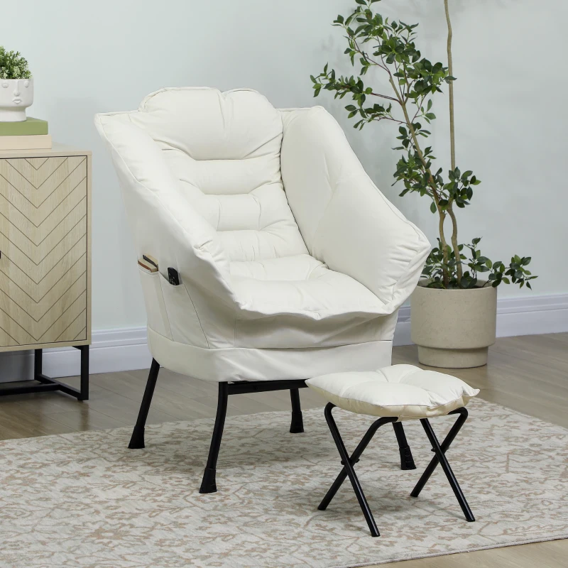 HOMCOM Poltrona Sala de Estar com Apoio para os Pés Poltrona Relax para Leitura com Bolsos Laterais 80x78x100 cm Creme