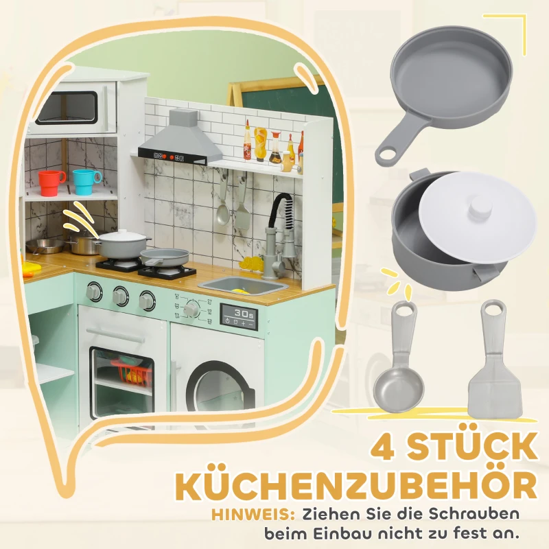 AIYAPLAY Houten Kinderkeuken met krijtbord, afzuigkap, ijsblokjesmachine, licht- en geluidseffecten – Speelkeuken cadeau voor jongens en meisjes vanaf 3 jaar, wit en groen(m-7)