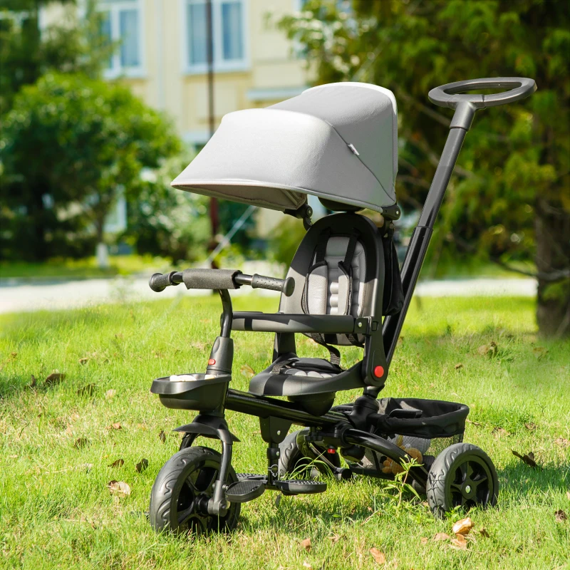 HOMCOM Dreirad mit Schubstange drehbarer Sitz 4-in-1 Kinderdreirad Kinder Fahrrad klappbar abnehmbar Kinderauto Metall EVA Grau 111,5 x 52 x 98 cm