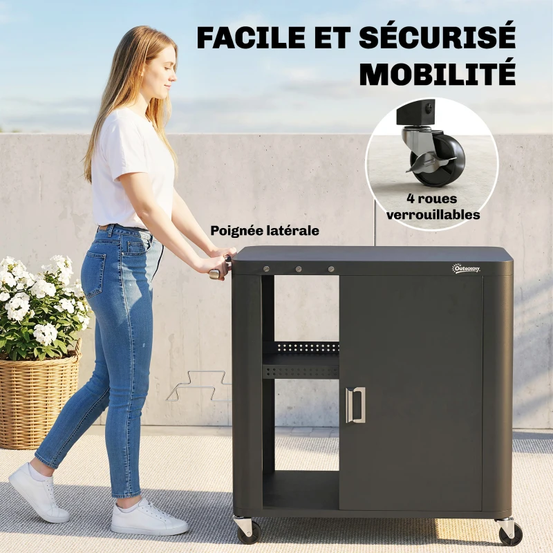 Outsunny Desserte jardin chariot de barbecue sur roulettes avec table latérale pliable placard étagères 166 x 54 x 88 cm noir