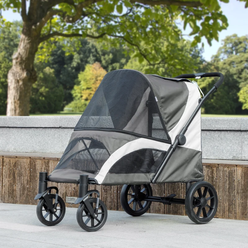 PawHut Carrito para Perros Plegable con Ventanas de Malla Cojín Lavable Correas de Seguridad 124x67x100 cm Gris Oscuro