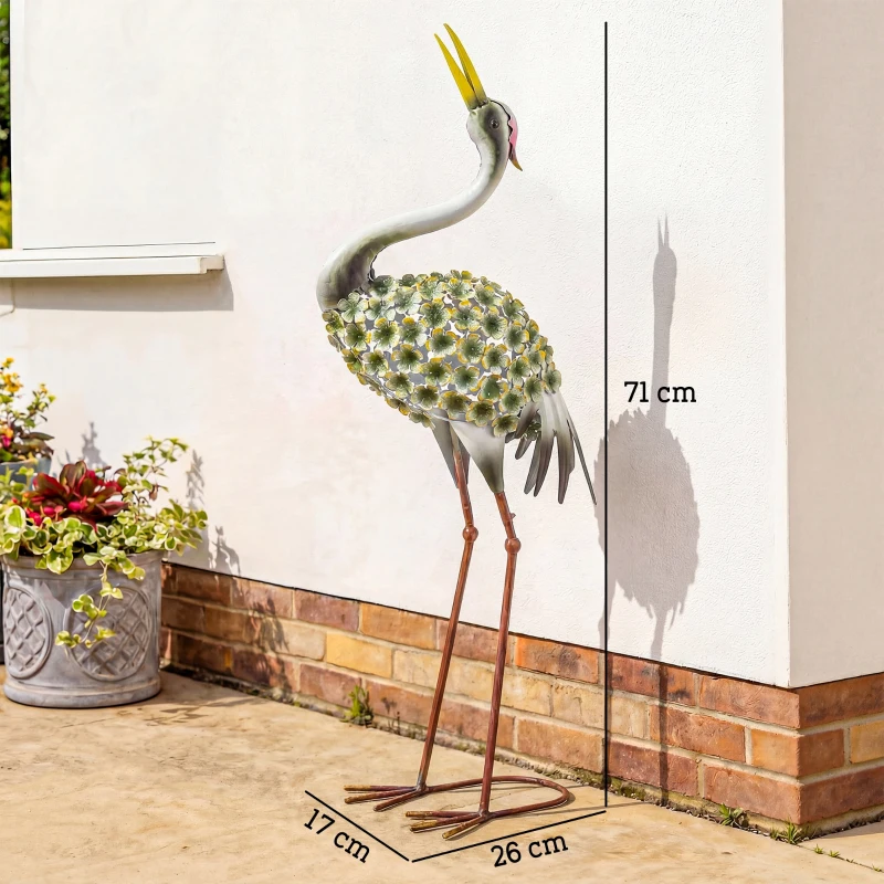Outsunny Statues de Jardin, Sculpture de Héron en Métal, Statues d'oiseaux 71 cm, pour Cour, Étang, Terrasse, Vert
