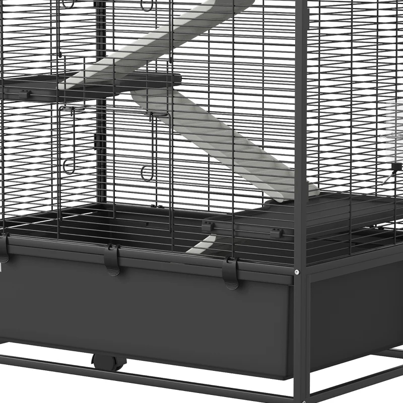 PawHut Cage pour Rongeurs sur Roulantes, 4 Niveaux, 3 Plateformes, 3 Rampes, Bouteille d'Eau, 75x46x94,5cm, Noir