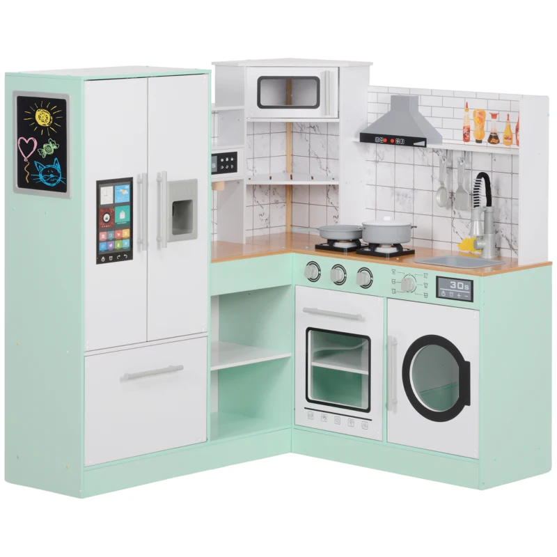 AIYAPLAY Houten Kinderkeuken met krijtbord, afzuigkap, ijsblokjesmachine, licht- en geluidseffecten – Speelkeuken cadeau voor jongens en meisjes vanaf 3 jaar, wit en groen(m-11)