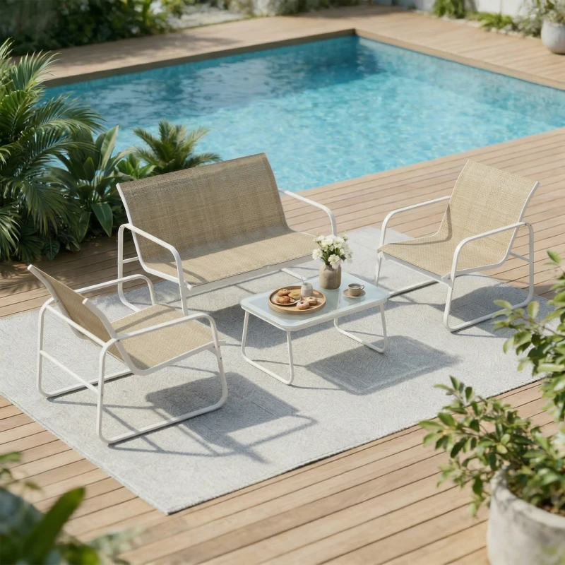 Outsunny Salon de Jardin 4 Pièces avec Canapé 2 Places, 2 Fauteuils et Table, en Acier Textilène Verre Trempé, 112x73x74 cm, Kaki