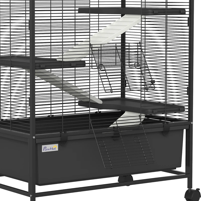 PawHut Cage pour Rongeurs sur Roulantes, 4 Niveaux, 3 Plateformes, 3 Rampes, Bouteille d'Eau, 75x46x94,5cm, Noir