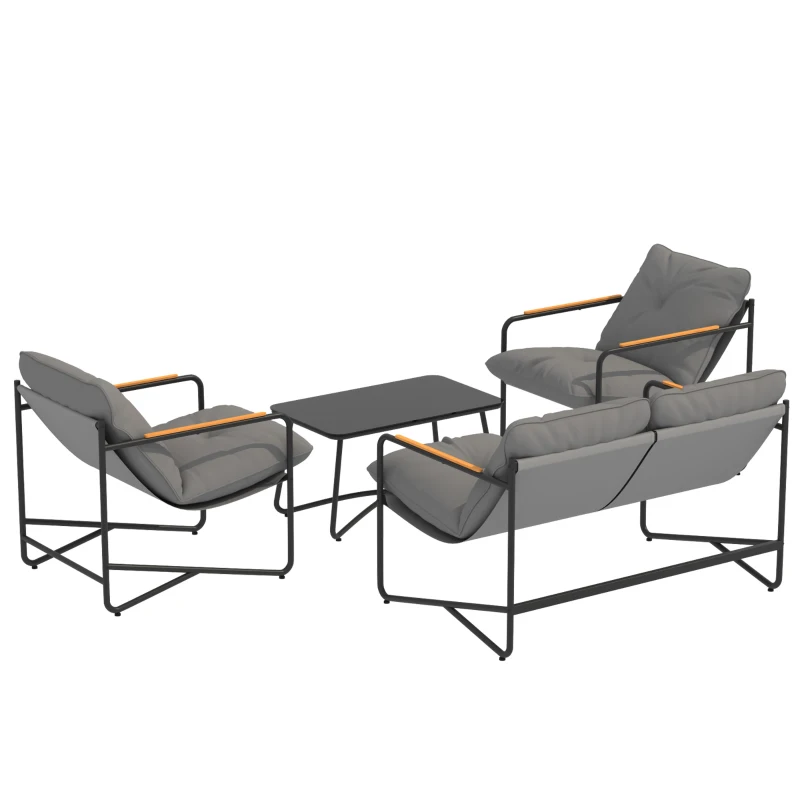 Outsunny Salon de Jardin 4 Pièces Ensemble avec Canapé 2 Places, 2 Fauteuils et Table Basse Verre Trempé Coussins 13cm Gris Clair