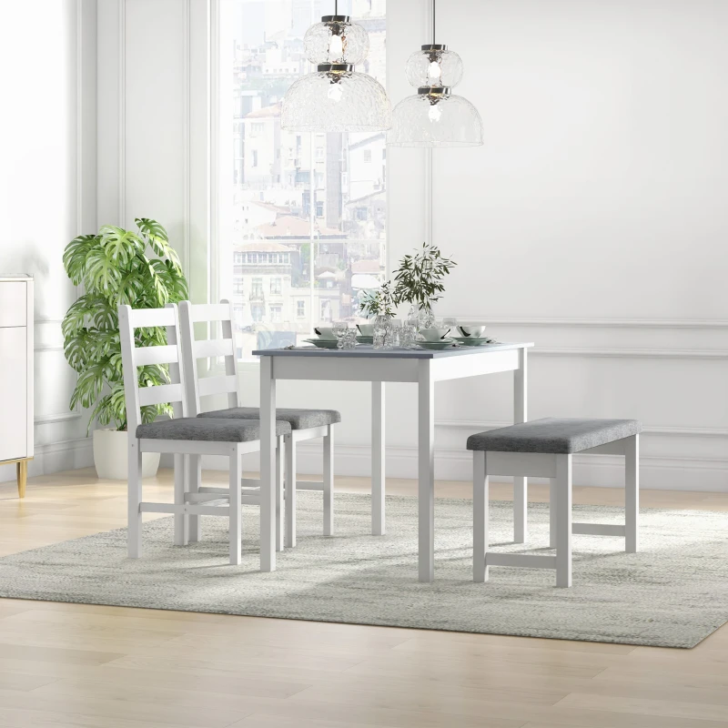 HOMCOM Sitzgruppe, 4-teiliges Esstisch-Set, 1 Tisch, 1 Bank, 2 Stühle, Grau + Weiß