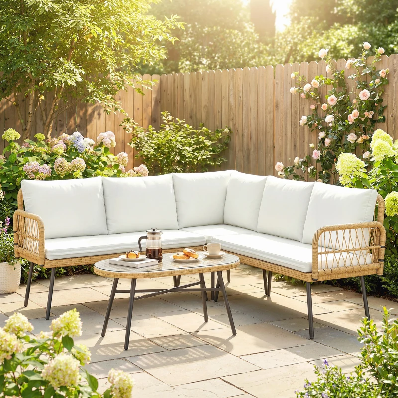 Outsunny Salotto da Giardino 4pz con 2 Divani 2 Posti, Angolo e Tavolino da Caffè, in Acciaio e Rattan, Legno e Crema
