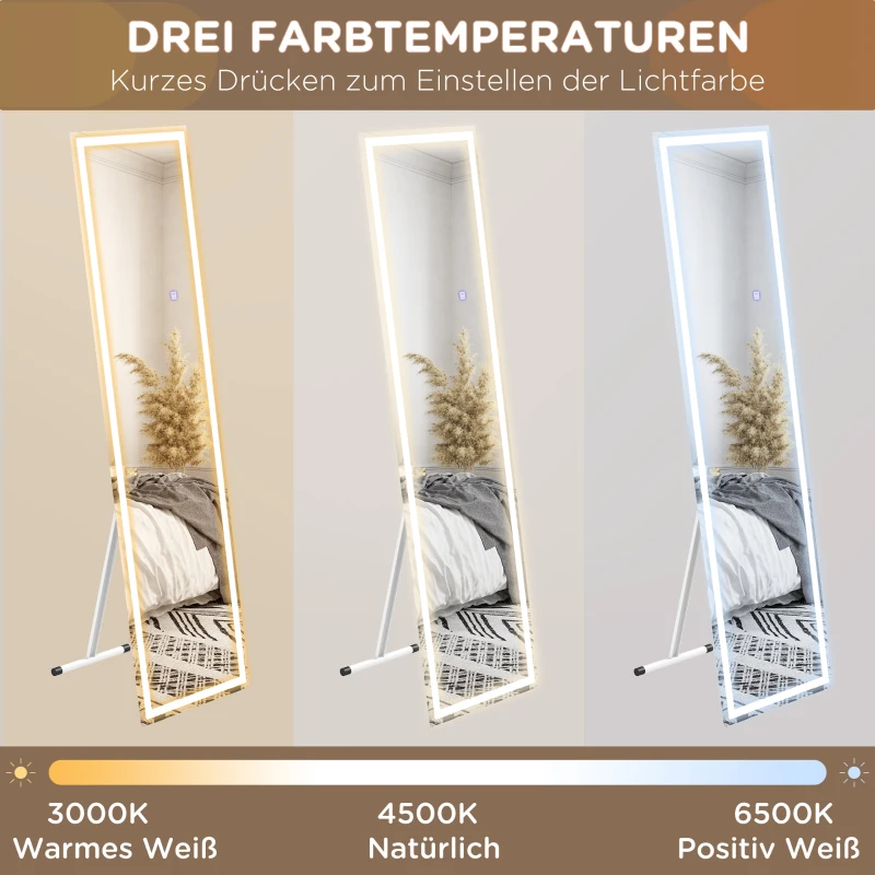 HOMCOM Staande spiegel Wandspiegel, volledige lichaamsspiegel, met LED's, 40 cm x 150 cm, Wit + Zilver