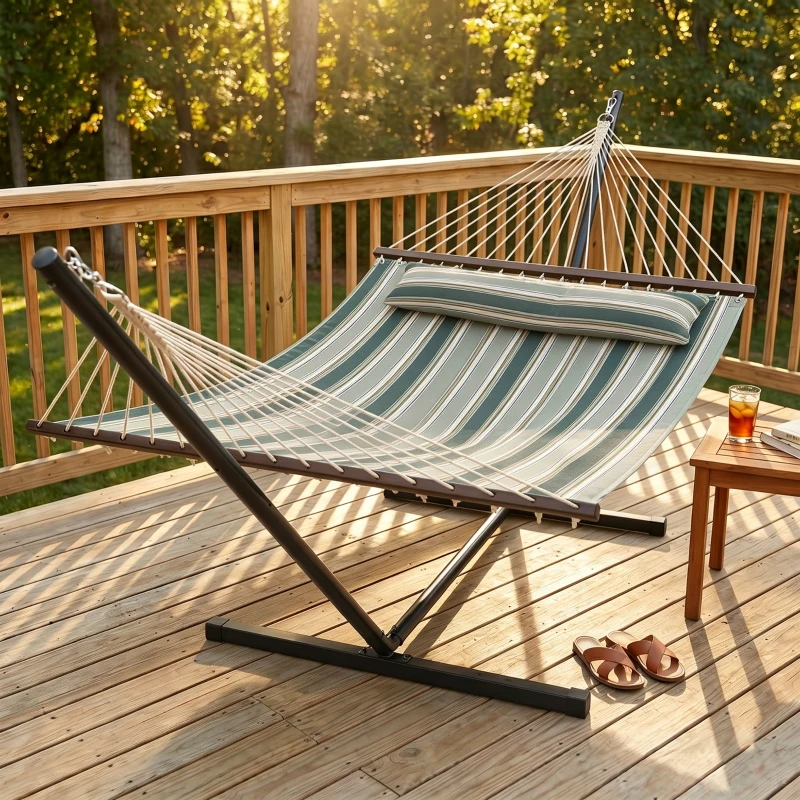 Outsunny Hamac sur pied 353 cm, hamac avec support acier avec coussin amovible et barres d'écartement, vert